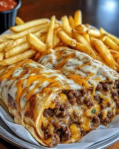 a close up of a plate of food with french fries and cheese covered burritos