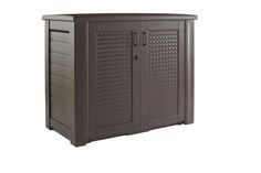 an outdoor storage cabinet with doors and drawers