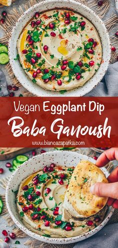 vegan eggplant dip in a bowl with garnish