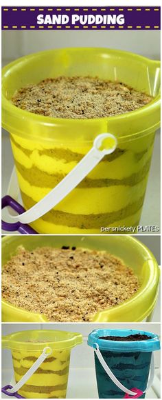 three different pictures showing how to make a sand pudding in a plastic container with the lid open