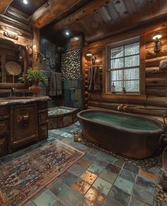 a rustic bathroom with an oval tub and stone flooring is pictured in this image