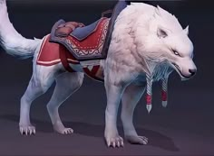 an animated white dog with red and blue clothes on it's back legs, standing in front of a dark background