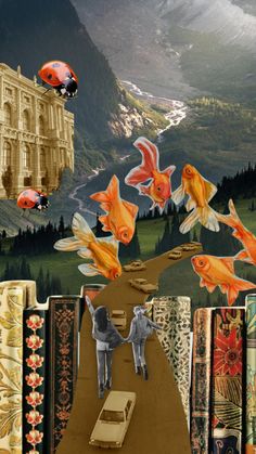 a collage of books with goldfish and ladybugs flying over the top