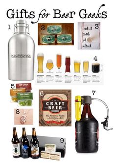 gifts for beer geeks are on display in this collage with the words, gift guide