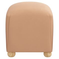 the back end of a beige chair with wooden legs and wheels on an isolated white background