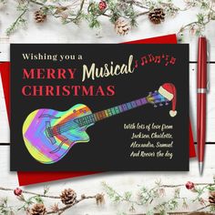 a christmas card with an image of a guitar on it, and the words wishing you a merry musical christmas