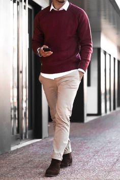 Maroon Sweatshirt Outfit Men, Mens Maroon Sweater Outfit, Men’s Burgundy Shirt Outfit, Sweatshirt With Collared Shirt Outfit Men, Maroon T Shirt Outfit Men, Maroon Color Outfits, Sweater Collared Shirt Outfit Men, Red And Brown Outfit Men, Burgundy Mens Outfit