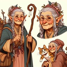 an old woman holding a cat and walking with other characters in her arms, both wearing different outfits