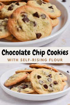 chocolate chip cookies with self - rising flour on a white plate and in a bowl