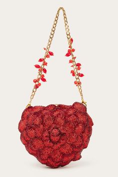 Red heart bag crystal embellished blossom applique and golden hardware detail. Comes with a beaded handle. - Aza Fashions Luxury Bags For Valentine's Day, Luxury Shoulder Bag For Valentine's Day Evening, Luxury Evening Shoulder Bag For Valentine's Day, Luxury Valentine's Day Evening Shoulder Bag, Red Embellished Clutch Shoulder Bag, Evening Bag With Chain Strap For Valentine's Day, Valentine's Day Evening Bag With Chain Strap, Valentine's Day Evening Bag With Top Handle, Valentine's Day Evening Bags With Top Handle