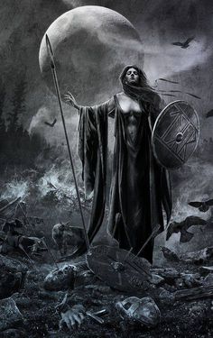 a woman holding a spear and shield standing on top of a pile of rubble in front of a full moon