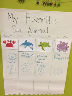 a sign that says, my favorite sea animal and four different types of animals on it