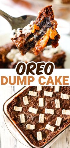 an oreo dump cake with marshmallows on top and the words oreo dump cake above it