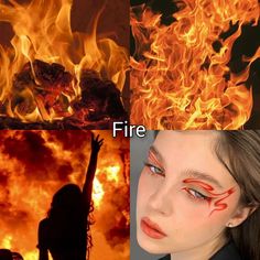 two pictures one with fire and the other with flames painted on her face in different ways