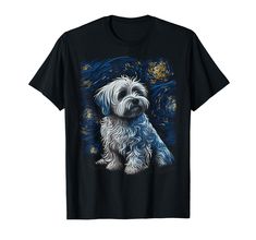 a black t - shirt with a white dog sitting in front of the starr sky