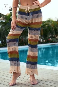 Ingvn - Casual Patchwork Hollowed Out Contrast Regular High Waist Trousers Multicolor / S Multicolor Bottoms For Fall Vacation, Multicolor Fall Vacation Bottoms, Multicolor Contrast Color Bottoms For Summer, High Waist Trousers, High Waisted Trousers, Bottoms Pants, Style Casual, Elastic Waist, High Waist