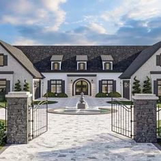 this is an artist's rendering of the front entrance to a luxury home with stone pillars and arched doorways