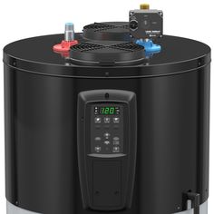 an image of a digital clock on top of a black potted water heater