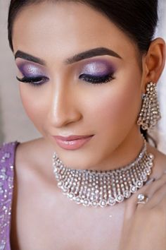 Eye Makeup For Reception Look, Makeup On Lilac Dress, Purple Eye Makeup Indian, Makeup For Lavender Outfit, Purple Makeup Looks For Wedding, Makeup With Lavender Outfit Indian, Elegant Purple Eye Makeup, Eye Makeup Lavender, Makeup For Lilac Dress Bridesmaid