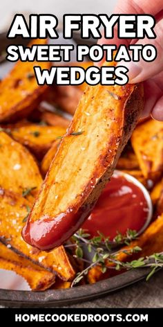 air fryer sweet potato wedges on a plate with ketchup