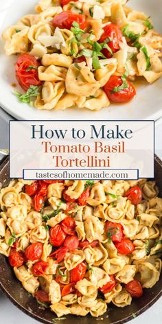 pasta with tomatoes and basil in a skillet