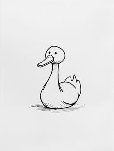 a black and white drawing of a duck sitting on the ground with its head turned to the side