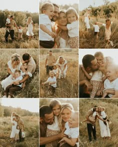 a collage of family photos in a field with their children and dads hugging each other