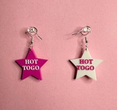 Hot to go Earrings, Inspired by one of my favorite artist-Chappell Roan! Multi-colored, one earring white with pink lettering and other earring pink with white lettering. Hot Pink Stuff, Ms Piggy, Silly Earrings, Random Accessories, Laser Engraved Earrings, Crazy Earrings, Chappel Roan, Bowling Green Ky, Engraved Earrings