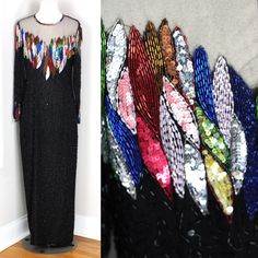 "Stunning Gown.. Measuring: 55\" length Bust: 36\" Waist: 28\" Hip: 36\" Sleeves: 22\" Pet Free/smoke free Enjoy!" Fitted Multicolor Evening Dress, Long Sleeve Multicolor Gown For Party, Multicolor Long Sleeve Gown For Party, Multicolor Sequin Evening Dress For Wedding, Festive Multicolor Gown For Evening, Festive Multicolor Evening Gown, Festive Evening Multicolor Gown, Vintage Multicolor Formal Dress, Vintage Floor-length Party Gown