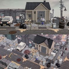 an animated image of a small town with lots of cars and trucks parked in front of it