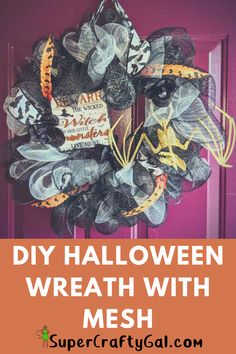 a diy halloween wreath with mesh on the front door and text overlay that reads diy halloween wreath with mesh