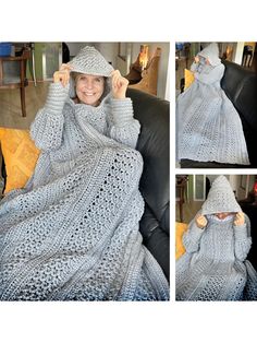 a woman sitting in a chair wearing a crocheted blanket and covering her face