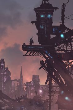 a sci - fi cityscape is shown in the distance