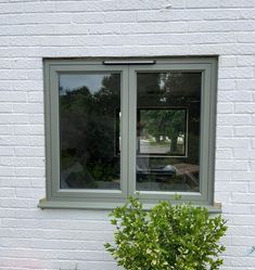 a potted plant sitting in front of a window next to a white brick wall