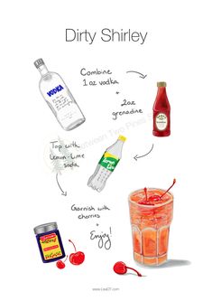 the ingredients for a drink are shown in this illustration, including cherries and vodka