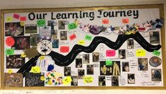 a bulletin board with pictures and writing on it that says our learning journey is over