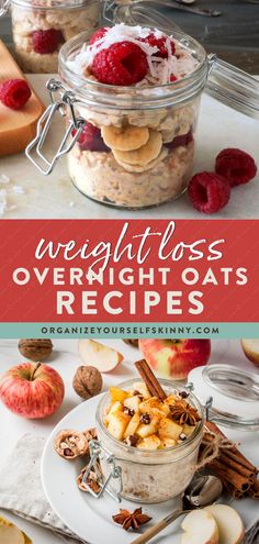 overnight oatmeal recipe in a glass jar with fresh fruit and cinnamon on the side