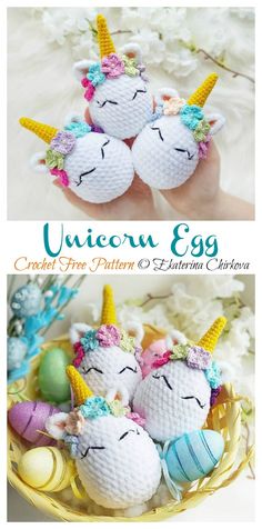 an image of two stuffed unicorns in a basket with eggs and flowers on it