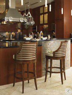 two bar stools sitting in front of a kitchen counter