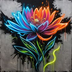 a painting of a colorful flower on a gray background