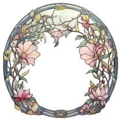 a circular stained glass window with pink flowers