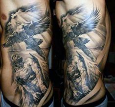 two men with tattoos on their stomachs and one has an eagle in the middle