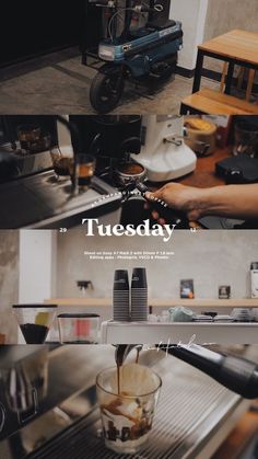 two pictures of coffee being poured into a glass in the kitchen and on the counter