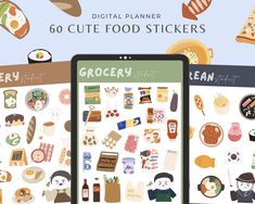 two phones with food stickers on them next to each other and the text go cute food stickers