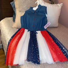 Give Your Little One A Patriotic Look With This Girls' Dress From Bonnie Jean. Product Features Button Front Sleeveless Tie Waist Colorful Mesh Skirt Americana Dress, Jean Dresses, Bonnie Jean, Mesh Skirt, Girls Dress, Kids' Dresses, Little One, Product Features, Red And Blue