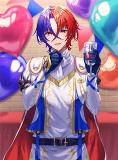 an anime character holding a wine glass in front of balloons and confetti sticks