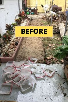 before and after pictures of an old garden bed that has been turned into a back yard