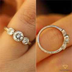 two different views of a diamond ring on someone's finger, one with three diamonds in it