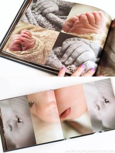 an open book with pictures of baby's feet and hands on the pages, in different colors