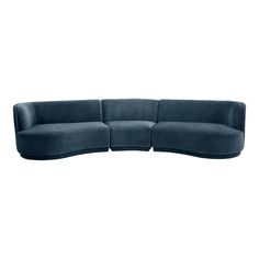 the curved sectional sofa is made from dark blue velvet and has an extended backrest